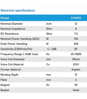 SVG-8RS/8 WOOFER 8" ALTAVOZ HIFI DE GRAVE MEDIO-GRAVE 8 Ohm 150W AES 300W PROGRAMA