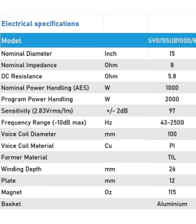 SVG15-SUB1000/8 SUBWOOFER 15" 8 Ohm.