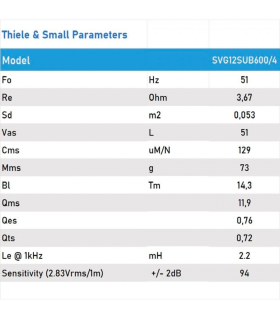 SVG12SUB600/4 SUBWOOFER 12 "  4 Ohm 600W AES