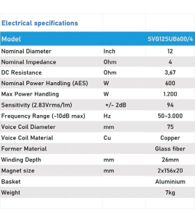 SVG12SUB600/4 SUBWOOFER 12 "  4 Ohm 600W AES