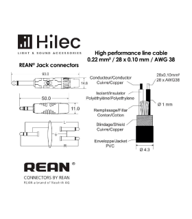 CABLE 1 MINI JACK 3.5 ST A 2 JACK 6.3 MONO 3m PREMIUM HILEC