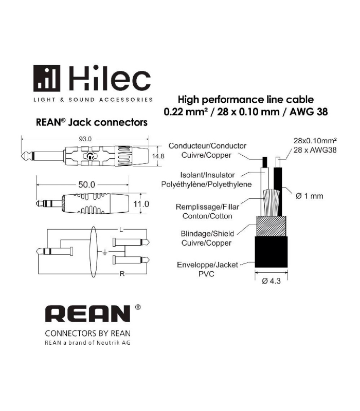 CABLE 1 MINI JACK 3.5 ST A 2 JACK 6.3 MONO 3m PREMIUM HILEC